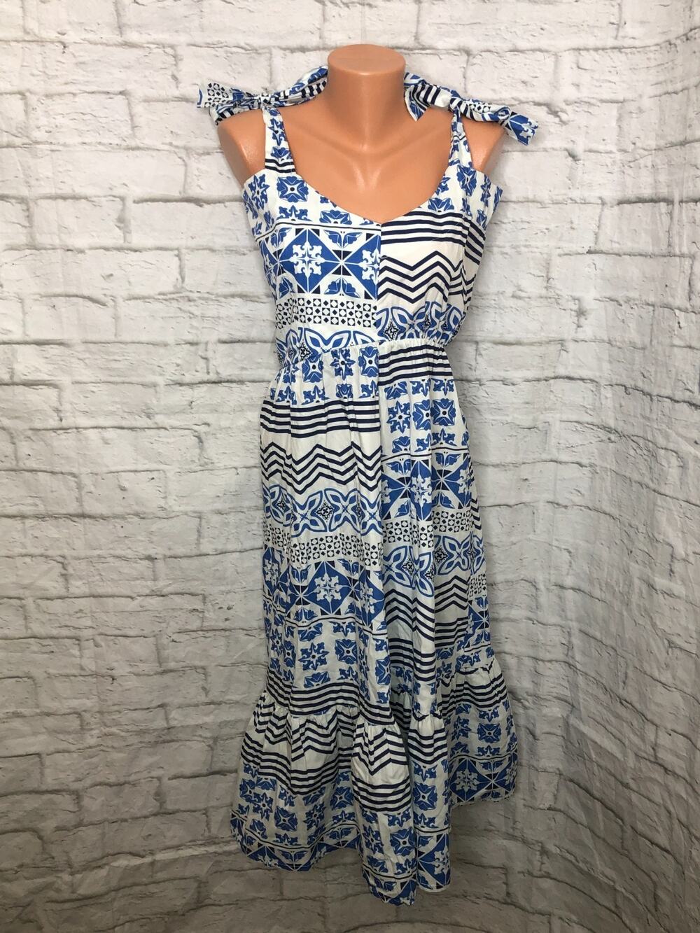 BELLAMBIA Dress Size M 97% Cotton Blue Floral White Shoulder Ties Made in Italy